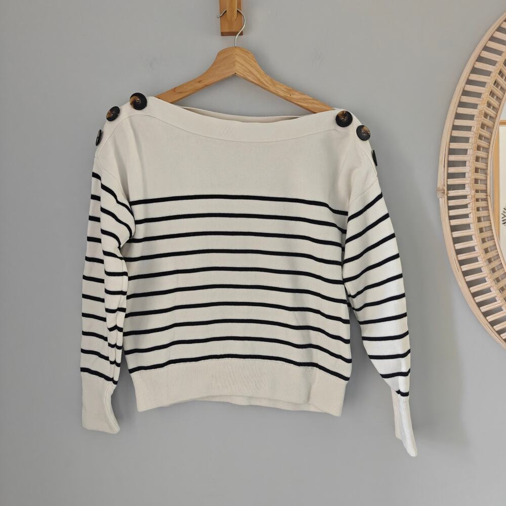 SEZANE Alba Ecru Breton Striped Organic Cotton Knit Sweater XS Shoulder Buttons